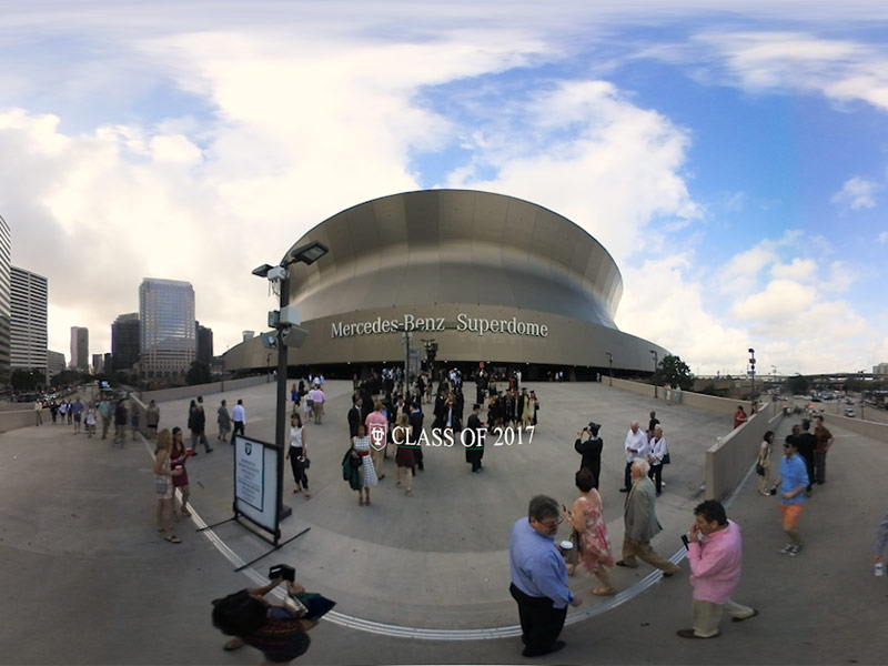 Screenshot of 360-degree video showing the exterior of the Mercedes-Benz Superdome