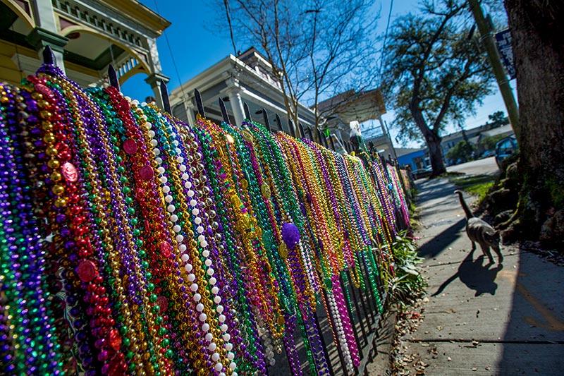 Mardi Gras pearls add to the carnival spirit along Magazine Street.