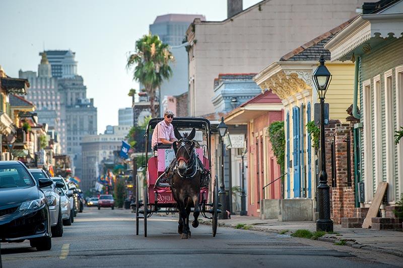 A mule-drawn carriage makes it way down the residential end of Bourbon Street in the French Quarter. 