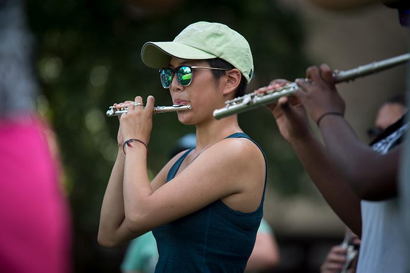 The Tulane University Marching Band (TUMB) braves the August heat and humidity to practice marching basics during the annual band camp on Brown Field. 