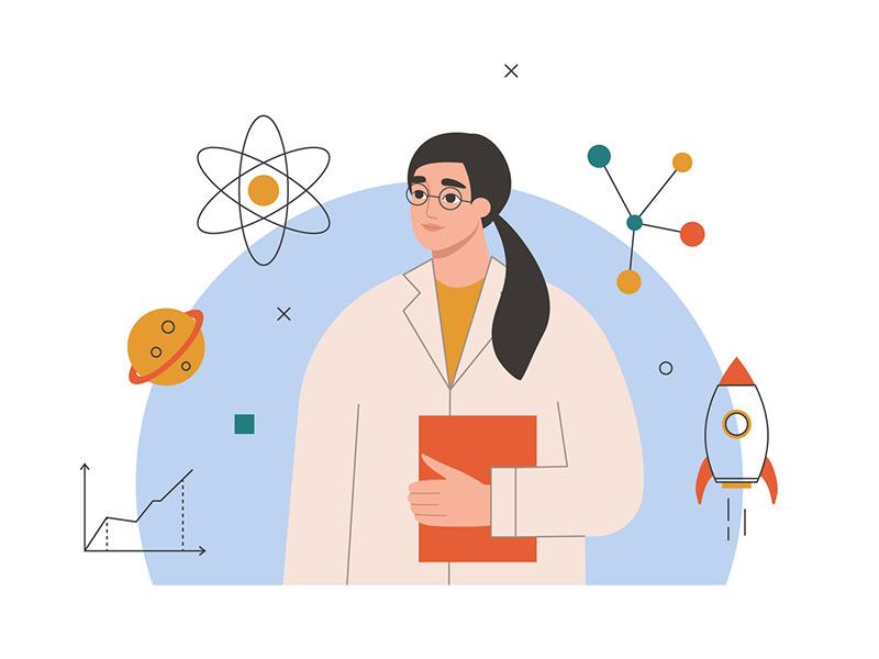Illustration of a woman in lab coat surrounded by physics symbols