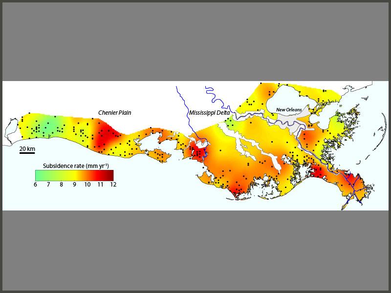 Tulane develops map showing La. sinking one-third inch per year