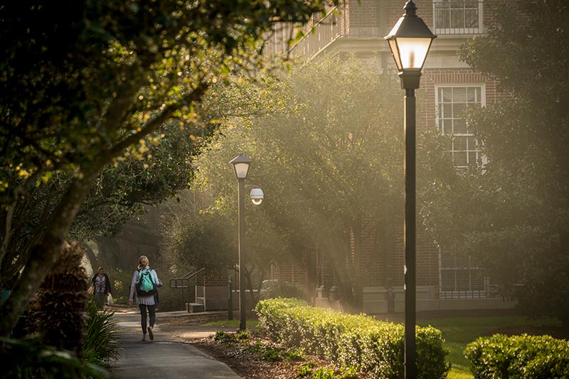Sunlight streaks through early morning mist behind Newcomb Hall on the uptown campus.