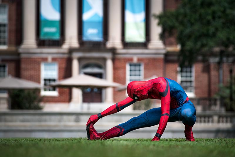 Spider-Man does whatever a spider can across campus.