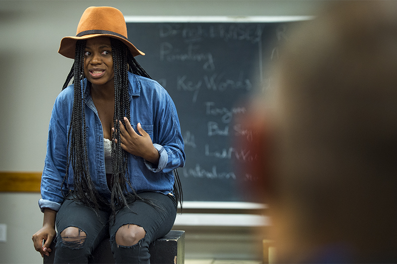 Tulane student Chardae Stevenson performs a one-woman skit as part of Fundamentals of Acting class.