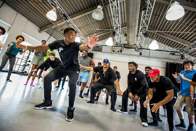 Tulane student athlete Taris Shenall steps front and center during a dance presentation for intro to jazz dance in McWilliams Hall. Tulane student athlete Taris Shenall steps front and center during a dance presentation for intro to jazz dance in McWilliams Hall.