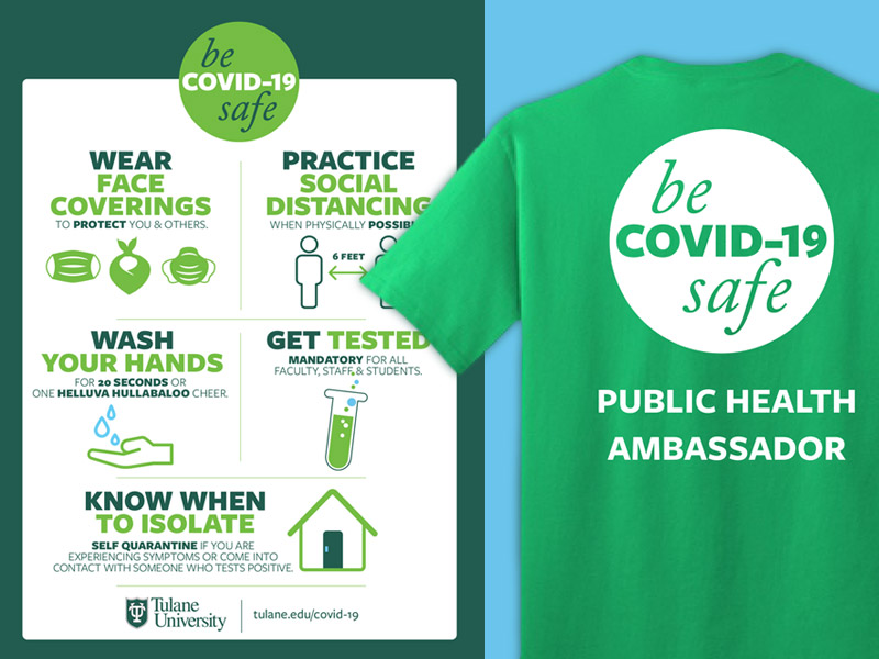 Dressed in highly visible green shirts, members of the new Tulane Public Health Ambassadors Program will distribute masks upon request, as well as promote COVID-19 safety protocols that are required of both Tulane community members and visitors on campus.