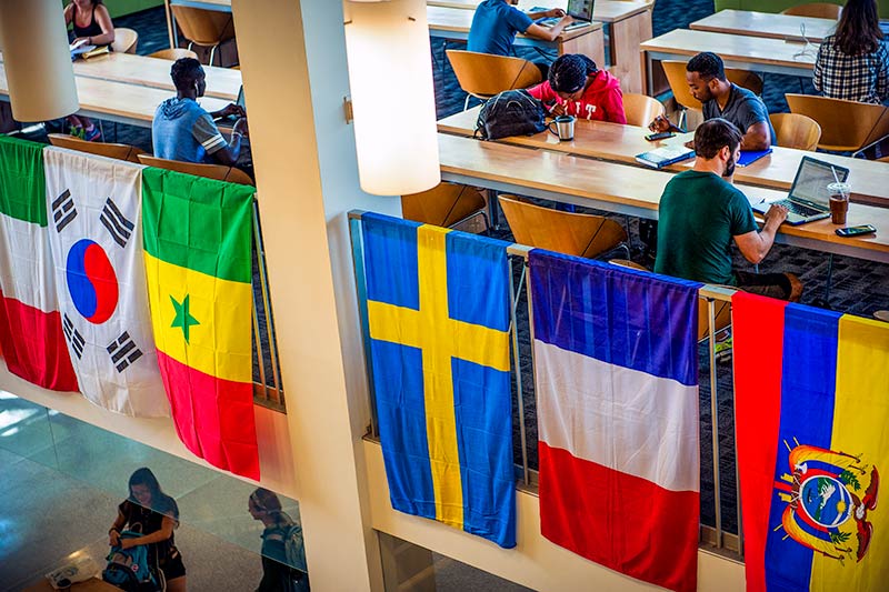 Flags adorn the Lavin-Bernick Center to commemorate International Education Week hosted by the Center for Global Education