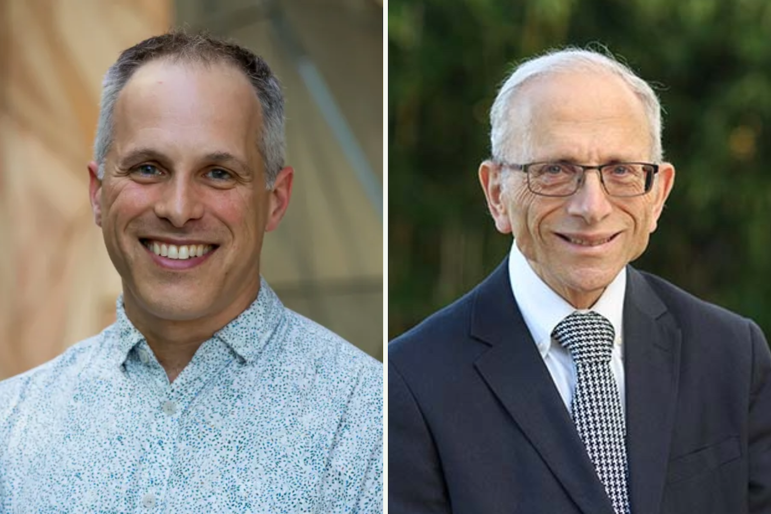 
Two smiling men, one younger in a blue shirt, one older in a suit. 