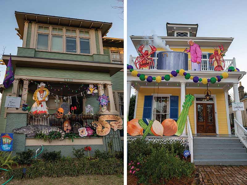 The Marie Laveau house float is owned by Knud and Chloe Berthelsen and the Leah Chase float by Mark Douce and Alistar Johnson. The block also features Henriette DeLille and the Baroness Pontalba