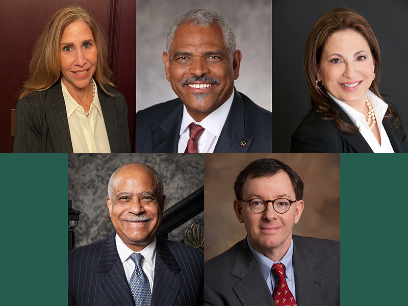 Five new members have been added to the Board of Tulane. Top row (l-r): Michelle S. Deiner, Arnold W. Donald and Suzanne Barton Grant. Bottom row (l-r): Wayne J. Lee and Donald J. Peters, Jr.