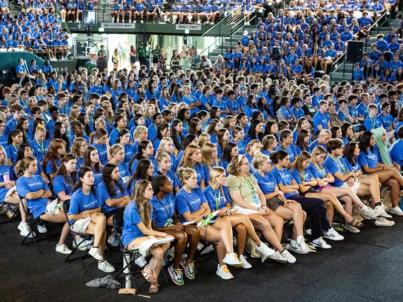 Students pack the arena to take part in Convocation. 