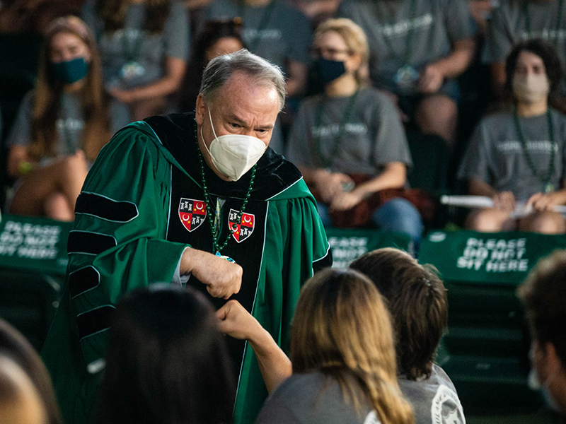 President Mike Fitts at Tulane Convocation 2021 at Fogelman Arena in Devlin Fieldhouse