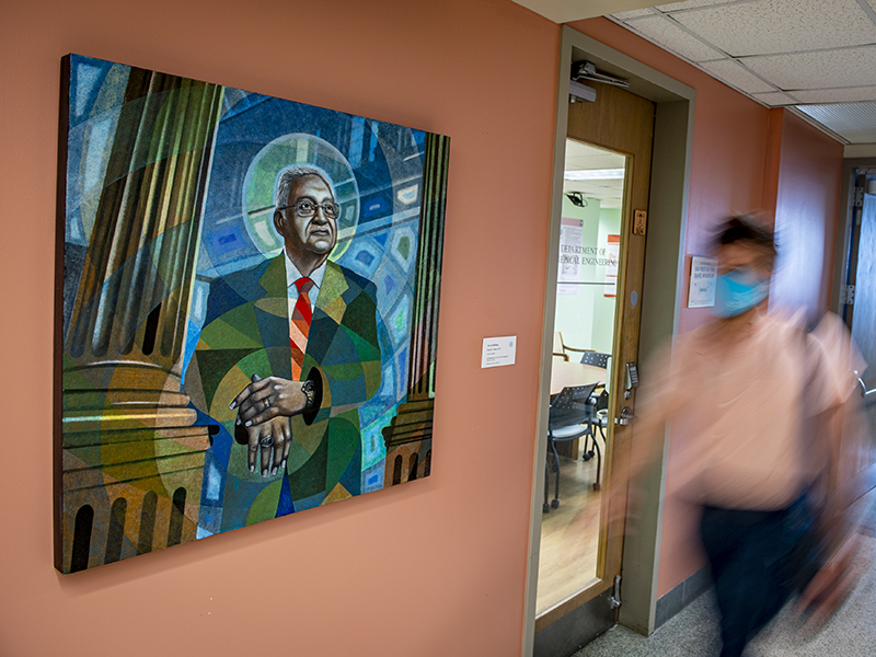 A portrait of Reynold T. Décou resides on the sixth floor of the Boggs Center for Energy and Biotechnology, home of the School of Science and Engineering.