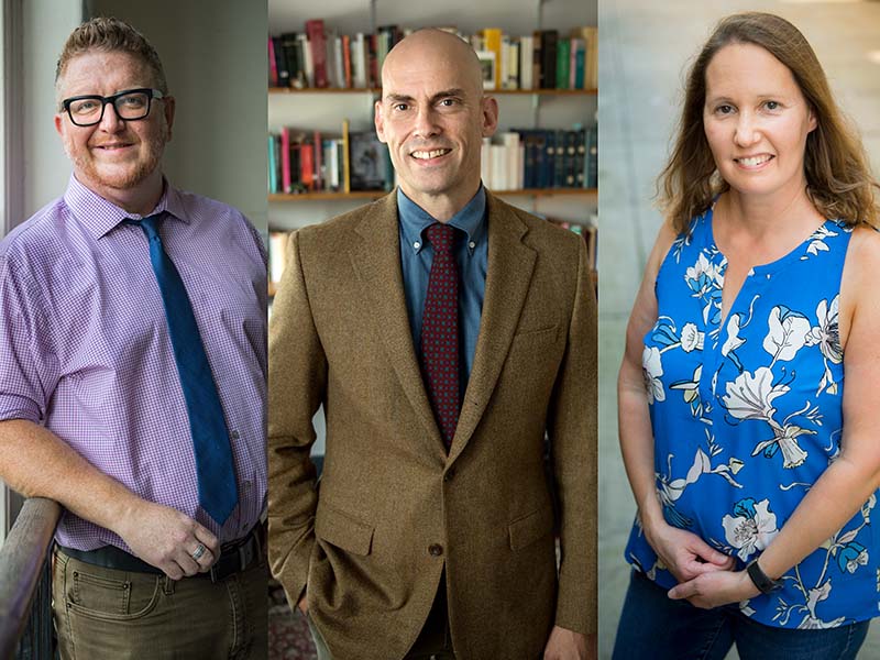 (From l-r): The trio of Christopher Oliver, Adam McKeown, Laurie Earls have been named Duren Professors for 2018-19. (Photo by Paula Burch-Celentano)