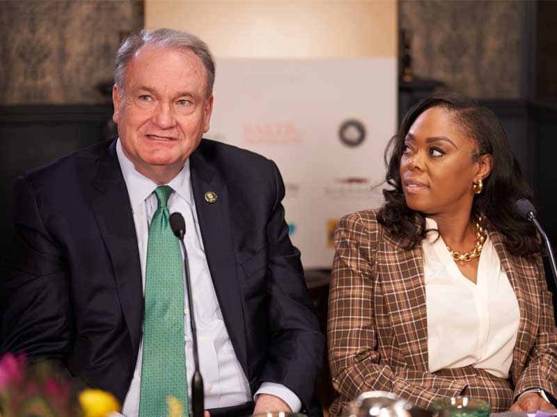President Michael Fitts participated in a panel discussion, hosted by the New Orleans Business Alliance, on the state of the New Orleans economy. LaTanja Silvester (right) was also a panelist. 
