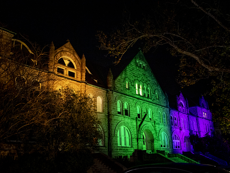 Gibson Hall in Mardi Gras colors