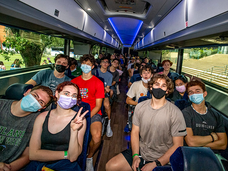 Students aboard one of the 35 buses bound for Houston. 