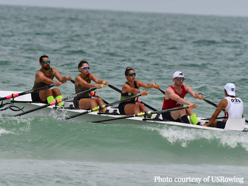 John Huppi (far left), School of Architecture faculty member, is part of a five-person sculling crew, which includes his wife, Hannah (left), that will compete in the FISA World Rowing Beach Sprint Finals representing the United States.