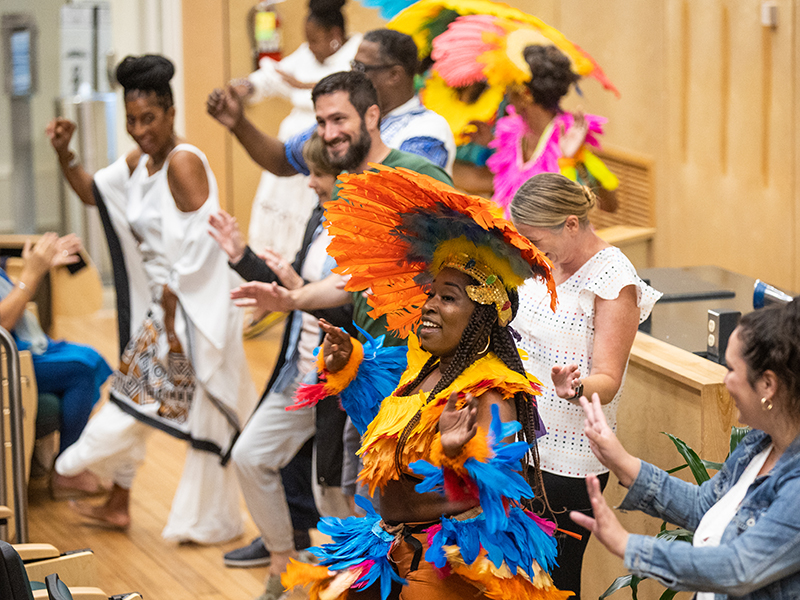 Dancers and musicians of the Casa Samba Afro-Brazilian cultural arts performance group were part of Tulane's celebration of Juneteenth. The group got the audience on their feet, with some attendees joining in the dancing.  