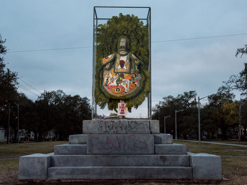 “Jah Defender” by Big Chief Demond Melancon of the Young Seminole Hunters placed at the former site of the monument to Jefferson Davis. 