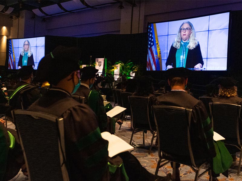 Commencement speaker Rachel Levine, M.D. assistant health secretary with the United States Department of Health and Human Services and a Tulane alumna, addresses graduates virtually. 