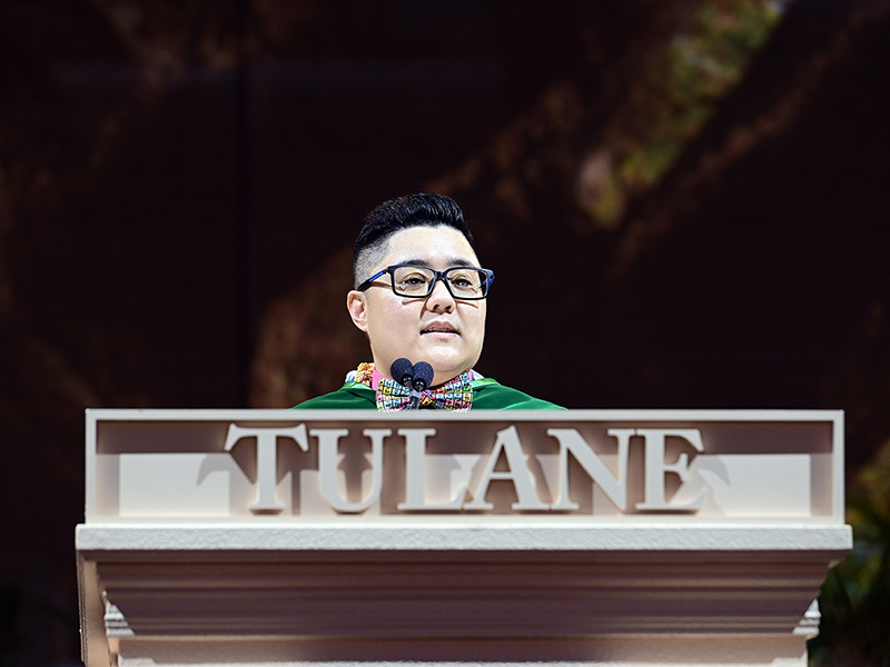 Arianne D. Sacramento, who earned a Doctor of Medicine, a Master of Business Administration and a Master of Public Health, and a recipient of the Tulane 34 Award, addresses graduates, also as a Commencement student speaker.