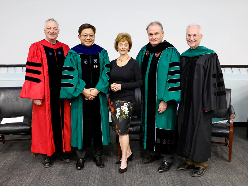 Provost Robin Forman, Tony Hu, Celia Weatherhead, President Michael A. Fitts and Dean Lee Hamm
