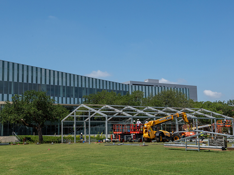 Temporary buildings that will facilitate in-person learning and dining are constructed on Berger Family Lawn near the Lavin-Bern