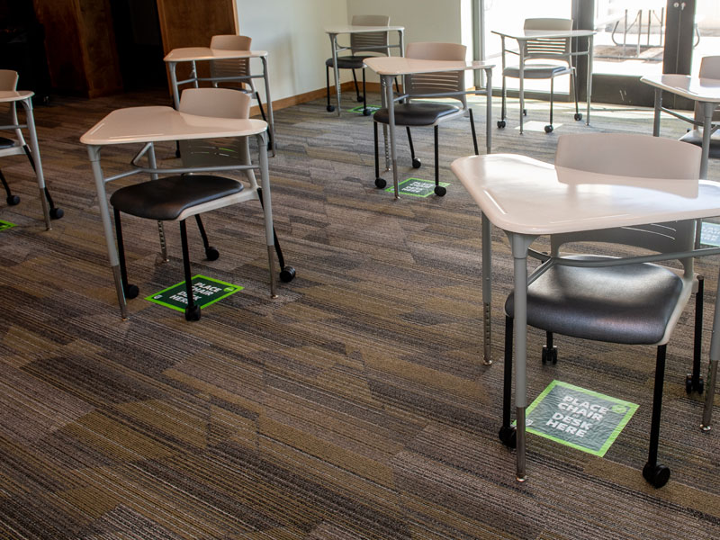 Desks in the School of Social Work are placed at intervals to observe physical distancing.