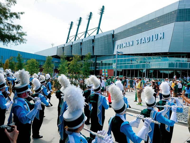 The Tulane Marching Band performs outside of Yulman Stadium