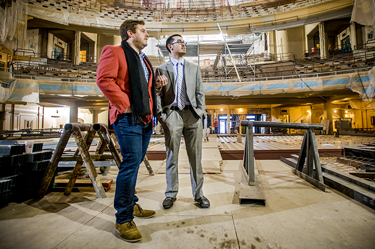 Barrett Cooper, ERG Enterprises gives Jason Dunleavy a tour of Orpheum Theatre