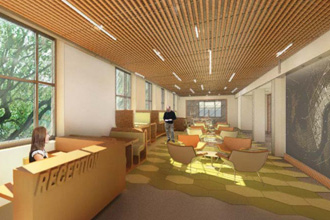 Rendering of interior space for new social work headquarters Rendering of interior space for new social work headquarters