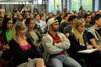 An overflow crowd hears the discussion of healthcare reform