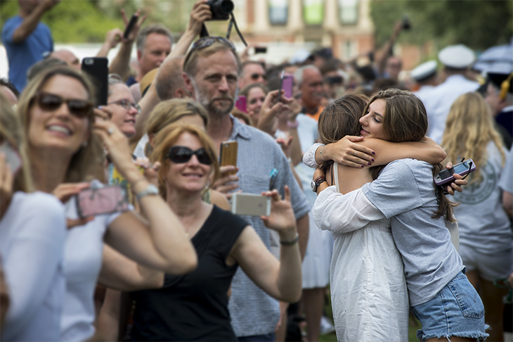 First-year student Natalie Ackerman greets her mother, Nina Rosenstein, on the Lavin-Bernick Center quad following the Convocation ceremony on Saturday (Aug. 22) on the Tulane University uptown campus. 