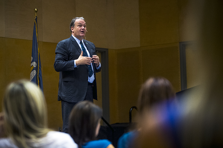 President Mike Fitts addresses staff members