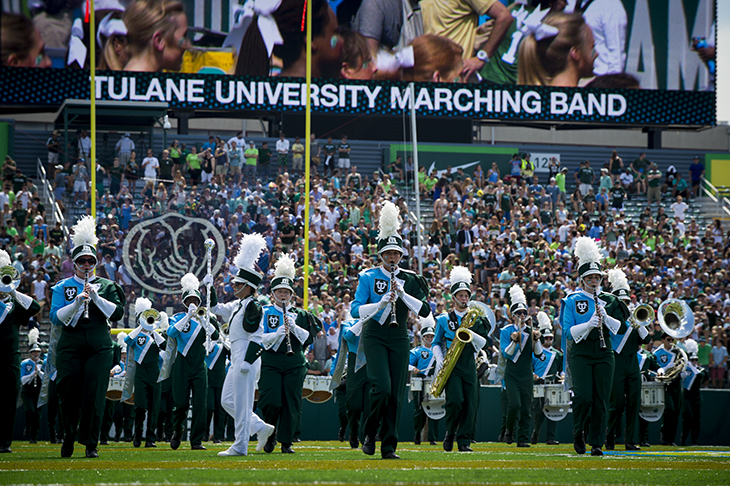 The Tulane Marching Band struts its stuff on Benson Field.