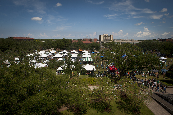 Tents dot the LBC Quad during tailgating on the uptown campus.