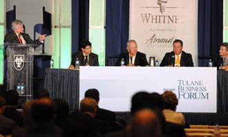Panelists at the Tulane Business Forum discuss sports and economic development.