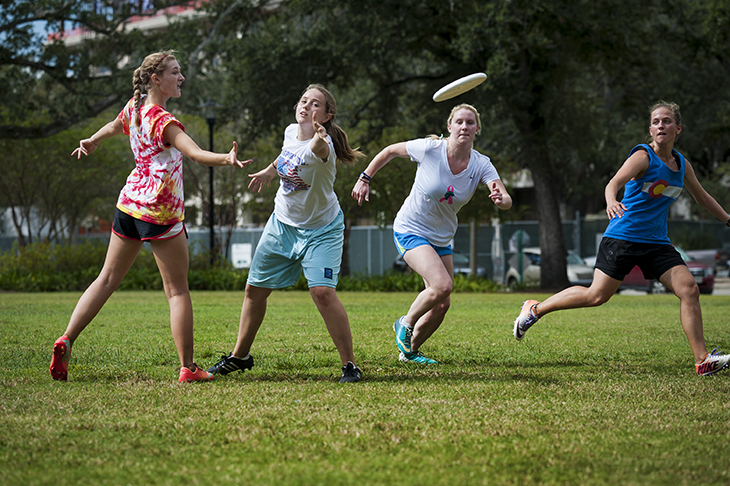 Ultimate Frisbee women prepare for weekend tournament.