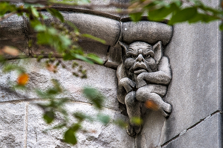 Stone figure guards the entrance to Norman Mayer Hall. 