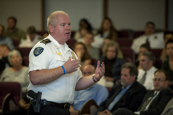 Police superintendent Jon Barnwell at town hall meeting on campus security.