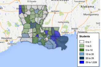 Map showing Tulane students from Louisiana parishes 