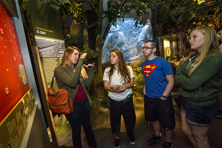 Sarah Cramsey, a visiting assistant professor of Jewish studies, leads students on a trip to the National World War II Museum Sarah Cramsey, a visiting assistant professor of Jewish studies, leads students on a trip to the National World War II Museum
