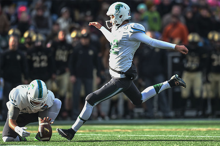 Green Wave kicker Andrew DiRocco winds up for a game-winning 35 yard field goal as time expired versus Army on Saturday (Nov. 14).