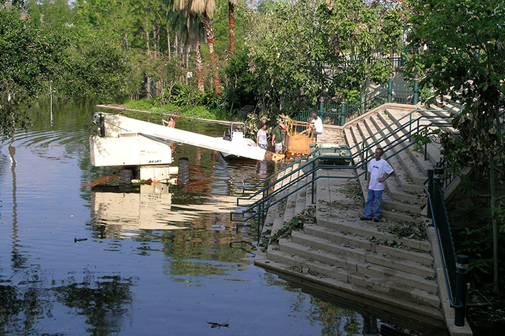 After Hurricane Katrina hit New Orleans on Aug. 29, 2005, Tony Lorino, senior vice president for operations and chief financial officer, surveys the uptown campus frrom the steps of the Reily Student Recreational Center.