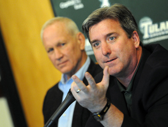 Athletics director Rick Dickson and men's basketball coach Ed Conroy.