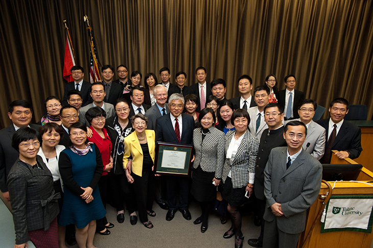 Senior Chinese judges visiting Tulane Law School gather after the investiture of professor Guiguo Wang.