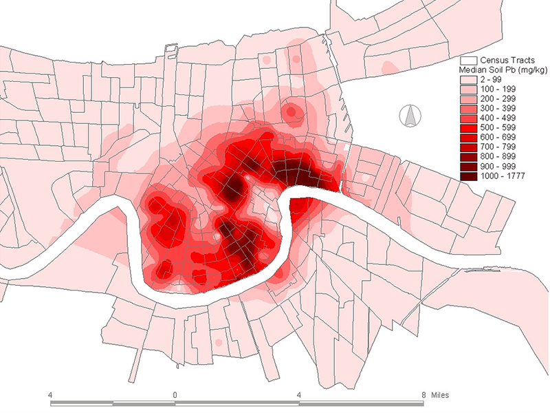 Map of soil lead levels in New Orleans