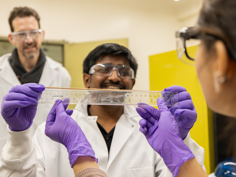 Postdoctoral fellow Soumen Pradhan demonstrates the new material 